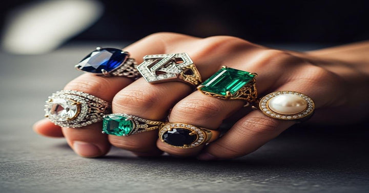 Hand wearing multiple bold statement rings with sapphire, emerald, diamond, and pearl gemstones in gold settings - Riyanika Jewels