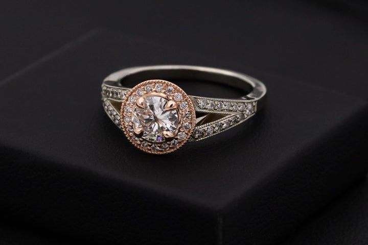 Halo diamond engagement ring in rose gold and white gold setting - Riyanika Jewels