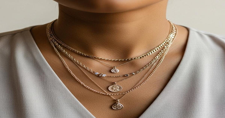 Layered gold necklaces with different chain types and small pendants styled on a woman's neck - Riyanika Jewels