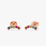 18K Solid Gold 0.13 CT Rainbow Sapphire Curved Bar Stud Earrings