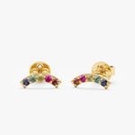 14K Solid Gold 0.13 CT Rainbow Sapphire Curved Bar Stud Earrings