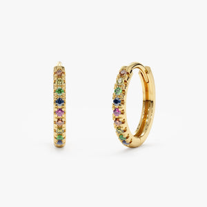 14K Solid Gold 0.15 CT Rainbow Sapphire Huggie Hoop Earrings
