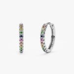 18K Solid Gold 0.15 CT Rainbow Sapphire Huggie Hoop Earrings
