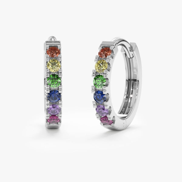 14K Solid Gold 0.18 CT Round Cut Rainbow Sapphire Huggie Hoop Earrings