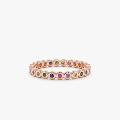 14K Solid Gold 0.34 CT Round Cut Rainbow Sapphire Eternity Band