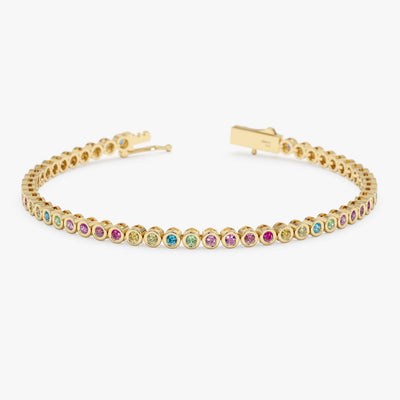 18K Solid Gold 1.88 CT Round Cut Rainbow Sapphire Bezel Tennis Bracelet