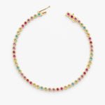 14K Solid Gold 1.88 CT Round Cut Rainbow Sapphire Bezel Tennis Bracelet