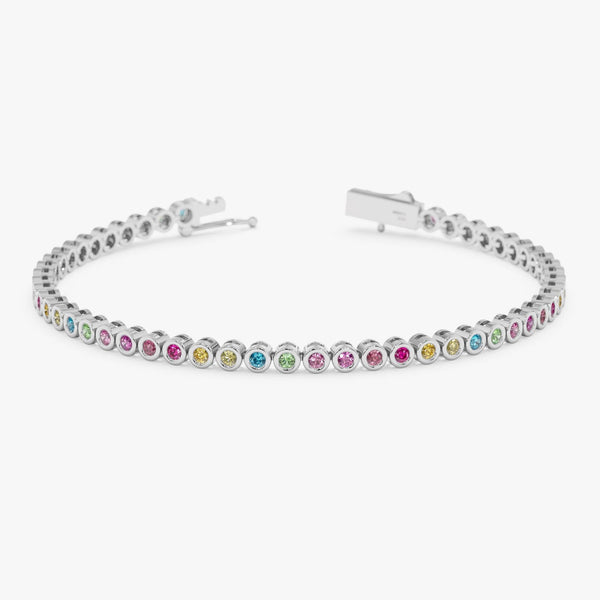 18K Solid Gold 1.88 CT Round Cut Rainbow Sapphire Bezel Tennis Bracelet