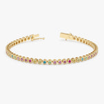 14K Solid Gold 1.88 CT Round Cut Rainbow Sapphire Bezel Tennis Bracelet