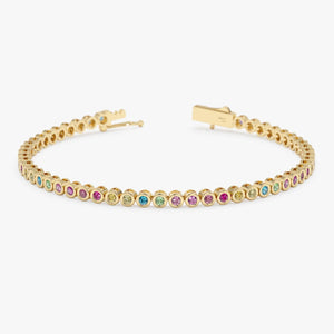14K Solid Gold 1.88 CT Round Cut Rainbow Sapphire Bezel Tennis Bracelet
