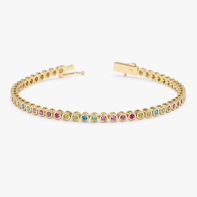 14K Solid Gold 1.88 CT Round Cut Rainbow Sapphire Bezel Tennis Bracelet