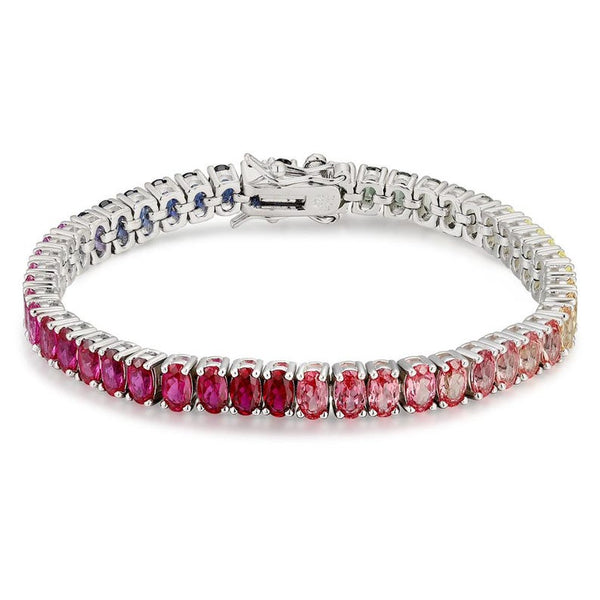 18K Solid Gold 12 CT Oval Cut Rainbow Sapphire Tennis Bracelet