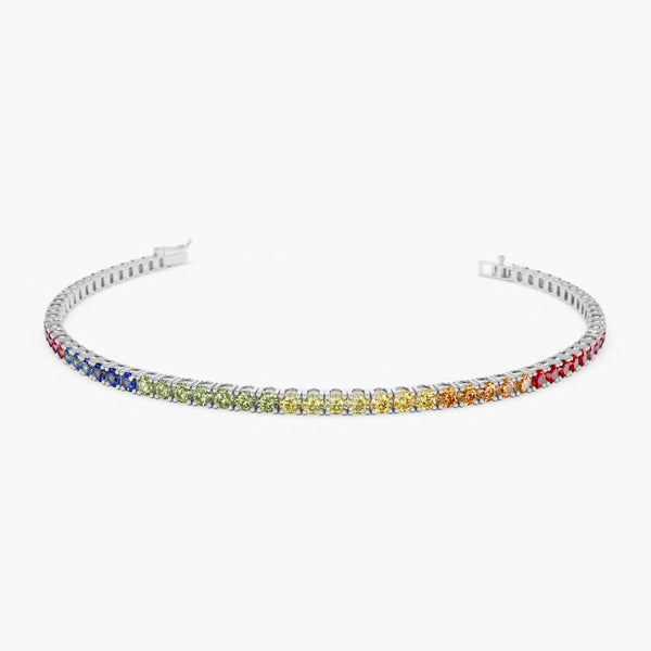 18K Solid Gold 3.10 CT Round Cut Rainbow Sapphire Tennis Bracelet