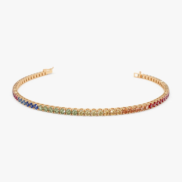 18K Solid Gold 3.10 CT Round Cut Rainbow Sapphire Tennis Bracelet