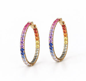 18K Solid Gold 4.80 CT Round Cut Rainbow Sapphire Hoop Earrings