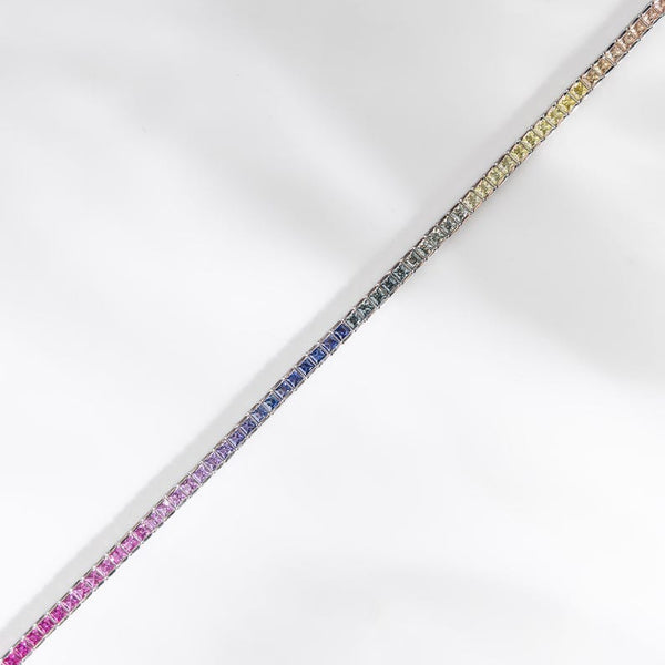 14K Solid Gold 4.32 CT Princess Cut Rainbow Sapphire Bezel Tennis Bracelet