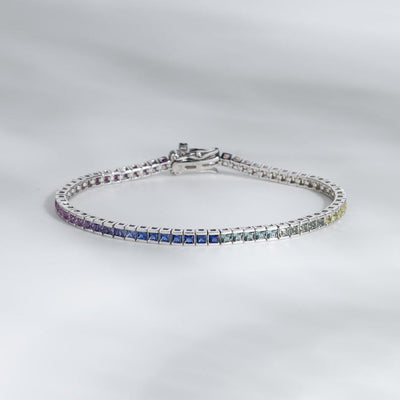 14K Solid Gold 4.32 CT Princess Cut Rainbow Sapphire Bezel Tennis Bracelet
