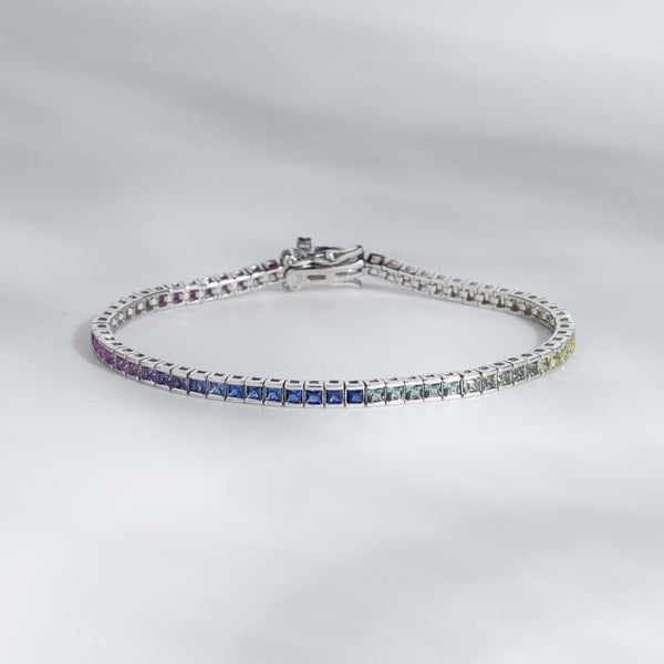 14K Solid Gold 4.32 CT Princess Cut Rainbow Sapphire Bezel Tennis Bracelet