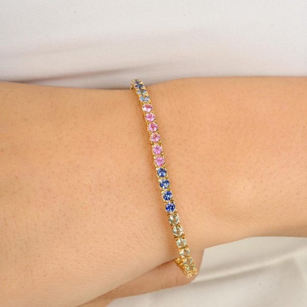 14K Solid Gold 4.70 CT Round Cut Rainbow Sapphire Tennis Bracelet