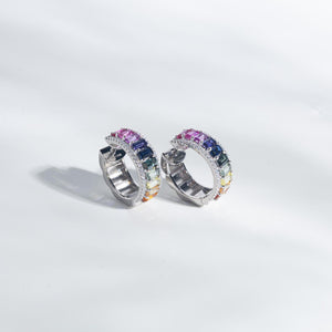 18K Solid Gold 6.76 CT Emerald Cut Rainbow Sapphire Hoop Earrings