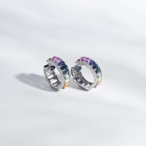 14K Solid Gold 6.76 CT Emerald Cut Rainbow Sapphire Hoop Earrings
