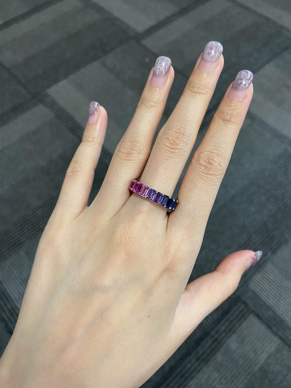 14K Solid Gold 4 CT Emerald Cut Rainbow Sapphire Eternity Band