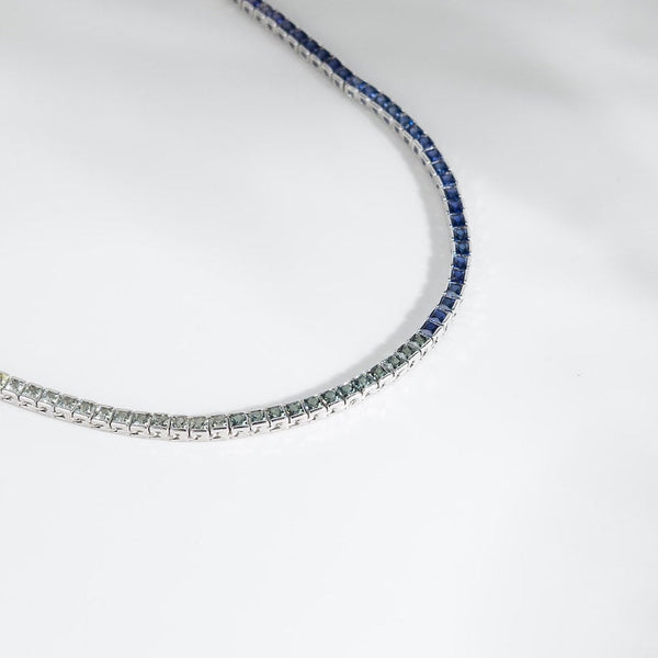 14K Solid Gold 8.5 CT Princess Cut Rainbow Sapphire Tennis Necklace