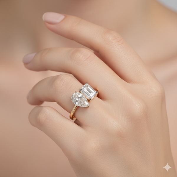 Emerald Pear Duo Grace 18K Gold Lab Grown Diamond Toi et Moi Engagement Ring - Side View | Riyanika Jewels