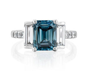 18K Solid Gold 4ct Fancy Blue Natural Diamond Emerald Cut Three Stone Engagement Ring