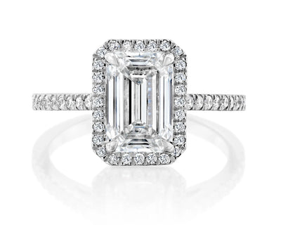 18K Solid Gold 2.3ct Emerald Cut Natural Diamond Halo Engagement Ring with Pave Band