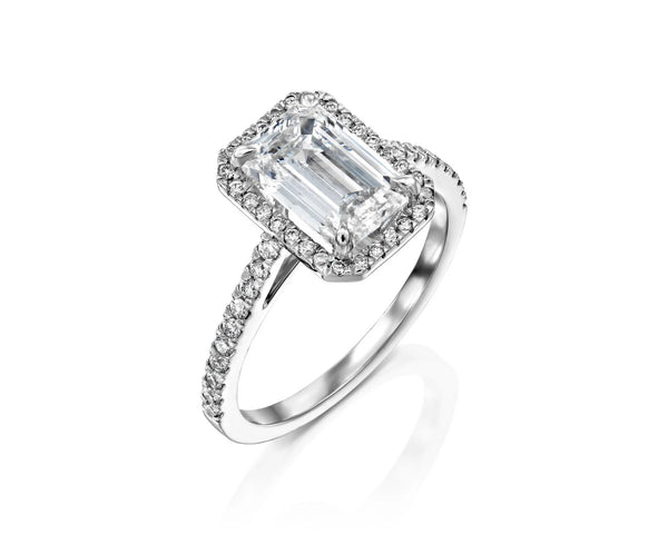 18K Solid Gold 2.3ct Emerald Cut Lab Grown Diamond Halo Engagement Ring - Side View | Riyanika Jewels