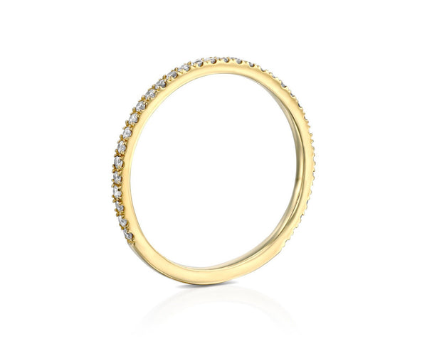 18K Solid Gold Skinny Thin Dainty Wedding Band With Paved Lab Grown Diamonds - Side View | Riyanika Jewels