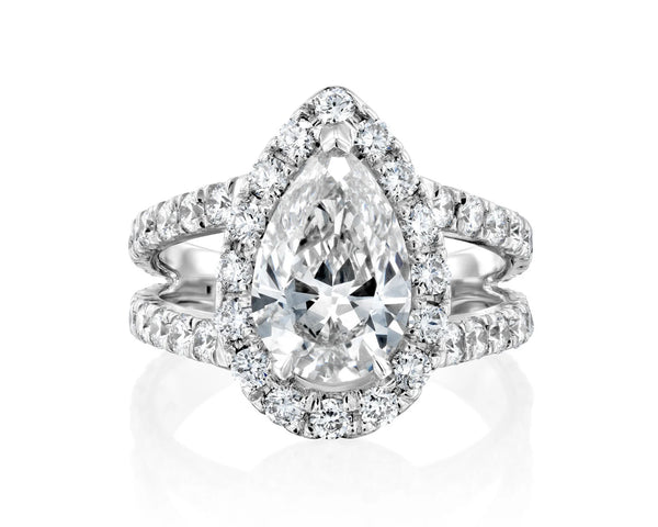 18K Solid Gold 4ct Pear Cut Natural Diamond Engagement Ring with a Halo and Split Prong Setting