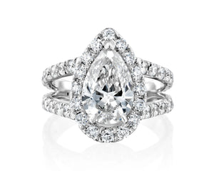 18K Solid Gold 4ct Pear Cut Natural Diamond Engagement Ring with a Halo and Split Prong Setting