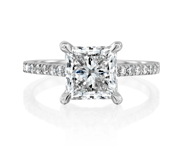 18K Solid Gold 2.5ct Princess Cut Natural Diamond Engagement Ring with Classic Pave
