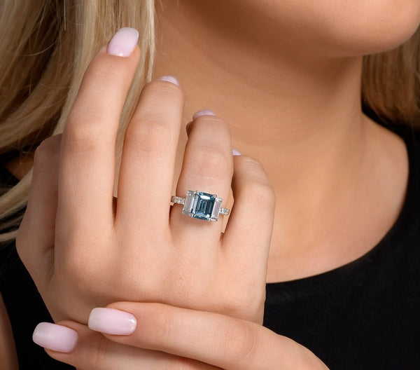 18K Solid Gold 4ct Fancy Blue Natural Diamond Emerald Cut Three Stone Engagement Ring - Side View | Riyanika Jewels