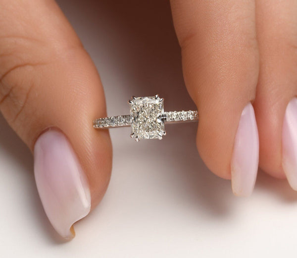 18K Solid Gold 1ct Radiant Cut Lab Grown Diamond with Split Prongs and Classic Pave Engagement - Side View | Riyanika Jewels