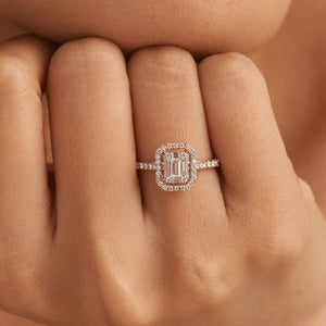 18K Solid Gold 1 CT Natural Diamond Emerald Cut Floating Halo Engagement Ring