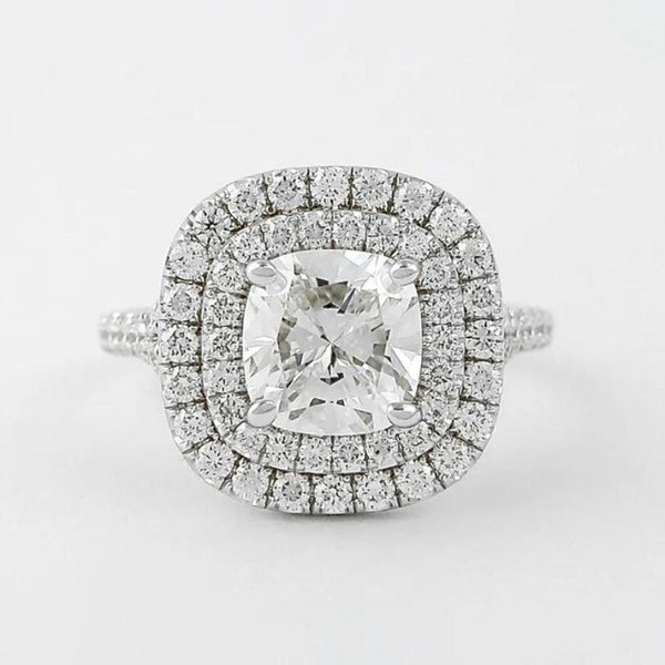 18K Solid Gold 3.50 CT Natural Diamond Cushion Cut Double Halo Engagement Ring