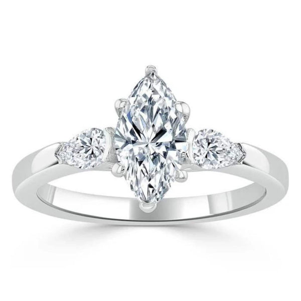 18K Solid Gold 1.26 CT Natural Diamond Marquise Cut Three Stone Engagement Ring - Side View | Riyanika Jewels