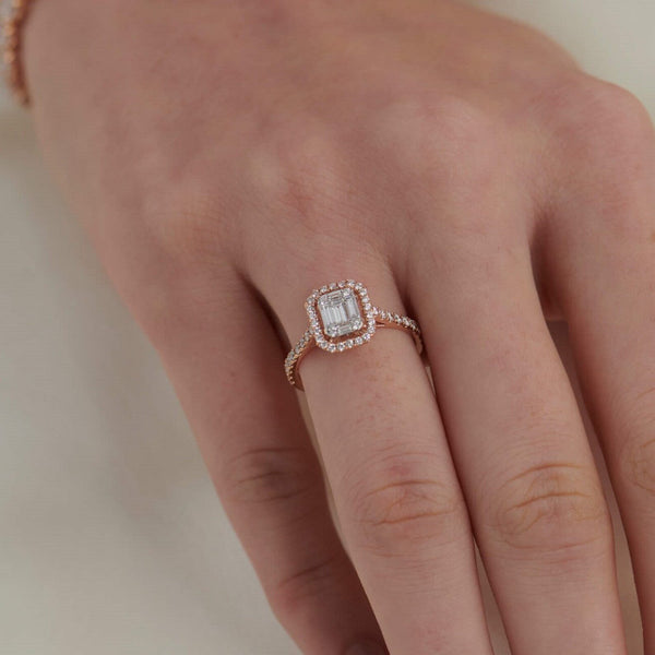 18K Solid Gold 1 CT Lab Grown Diamond Emerald Cut Floating Halo Engagement Ring - Side View | Riyanika Jewels