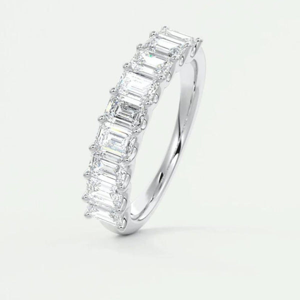 18k Solid Gold Emerald Cut Natural Diamond Wedding Band - Half Eternity Matching Band - Side View | Riyanika Jewels