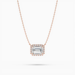 18K Solid Gold Lab Grown Diamond Emerald Cut Halo Necklace – Minimalist Gift for Women