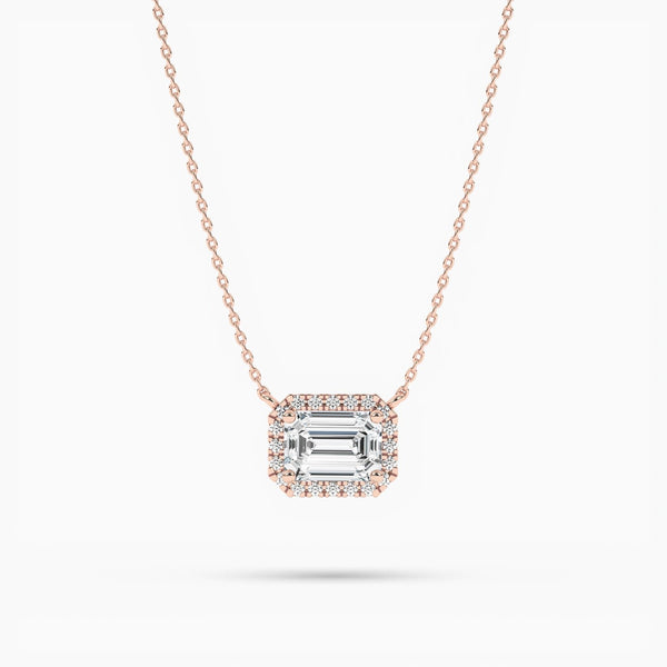 18K Solid Gold Lab Grown Diamond Emerald Cut Halo Necklace – Minimalist Gift for Women