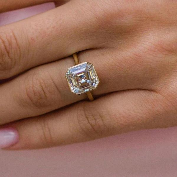 18K Solid Gold 4 CT Natural Diamond Asscher Cut Bezel Set Engagement Ring - Side View | Riyanika Jewels