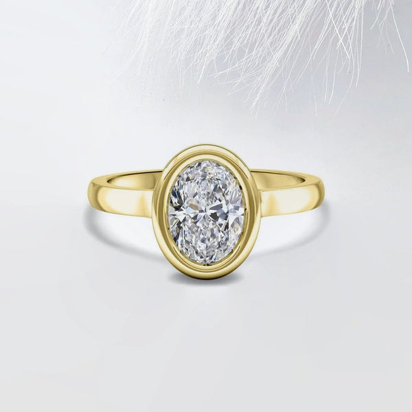 18K Solid Gold 2.50 CT Lab Grown Diamond Oval Cut Bezel Set Engagement Ring - Side View | Riyanika Jewels