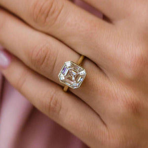 18K Solid Gold 4 CT Natural Diamond Asscher Cut Bezel Set Engagement Ring