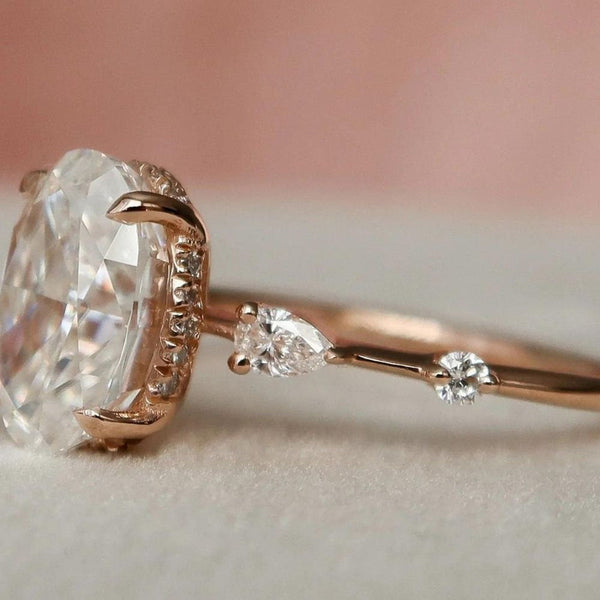 14K 4ct Natural Diamond Oval Cut Side Stone Engagement Ring