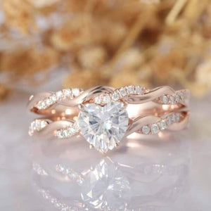 18K Solid Gold 3 CT Natural Diamond Heart Cut Twisted Shank Bridal Ring Set