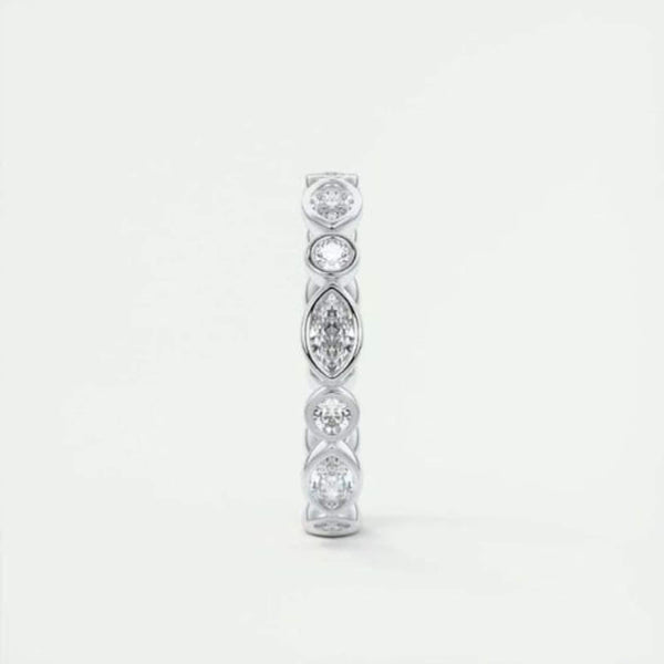 18K Solid Gold Natural Diamond Marquise & Round Cut Bezel Set Eternity Band - Side View | Riyanika Jewels